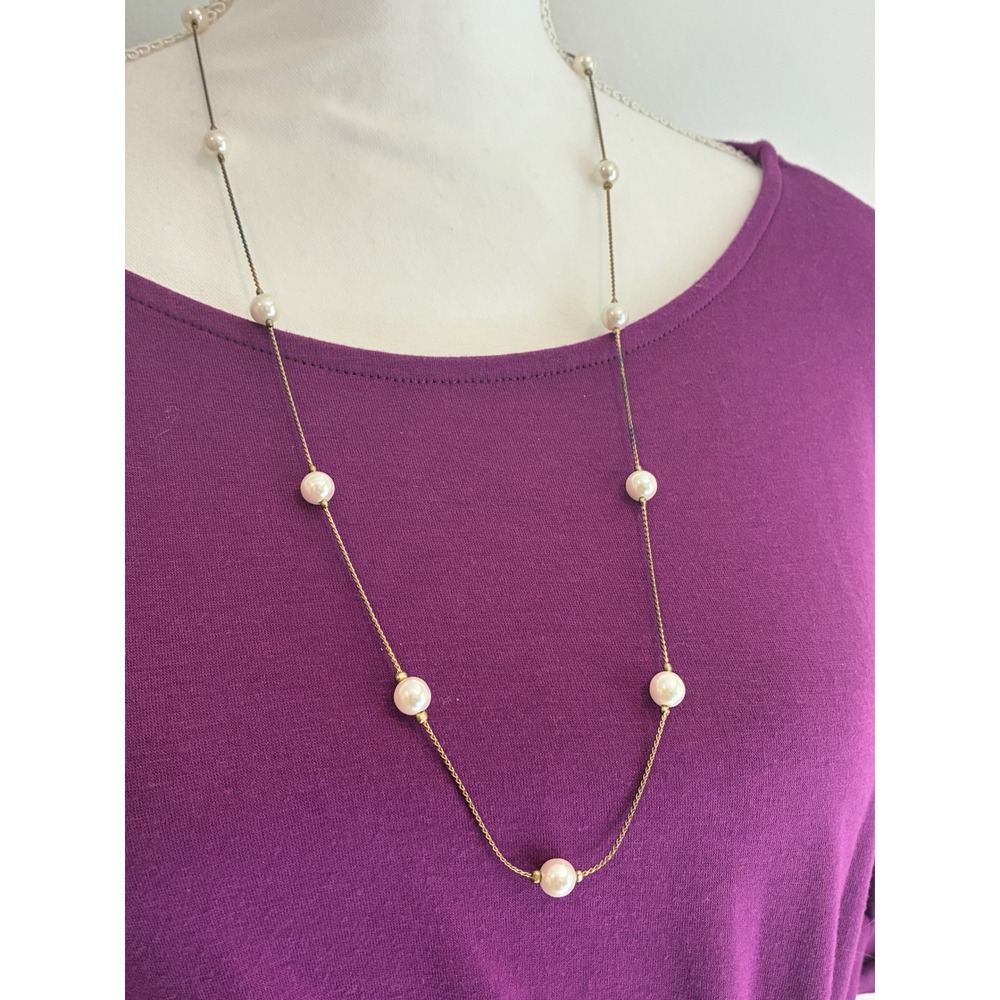 Long Faux Pearl Station Necklace Gold Tone Chain White Beads Classic Jewelry